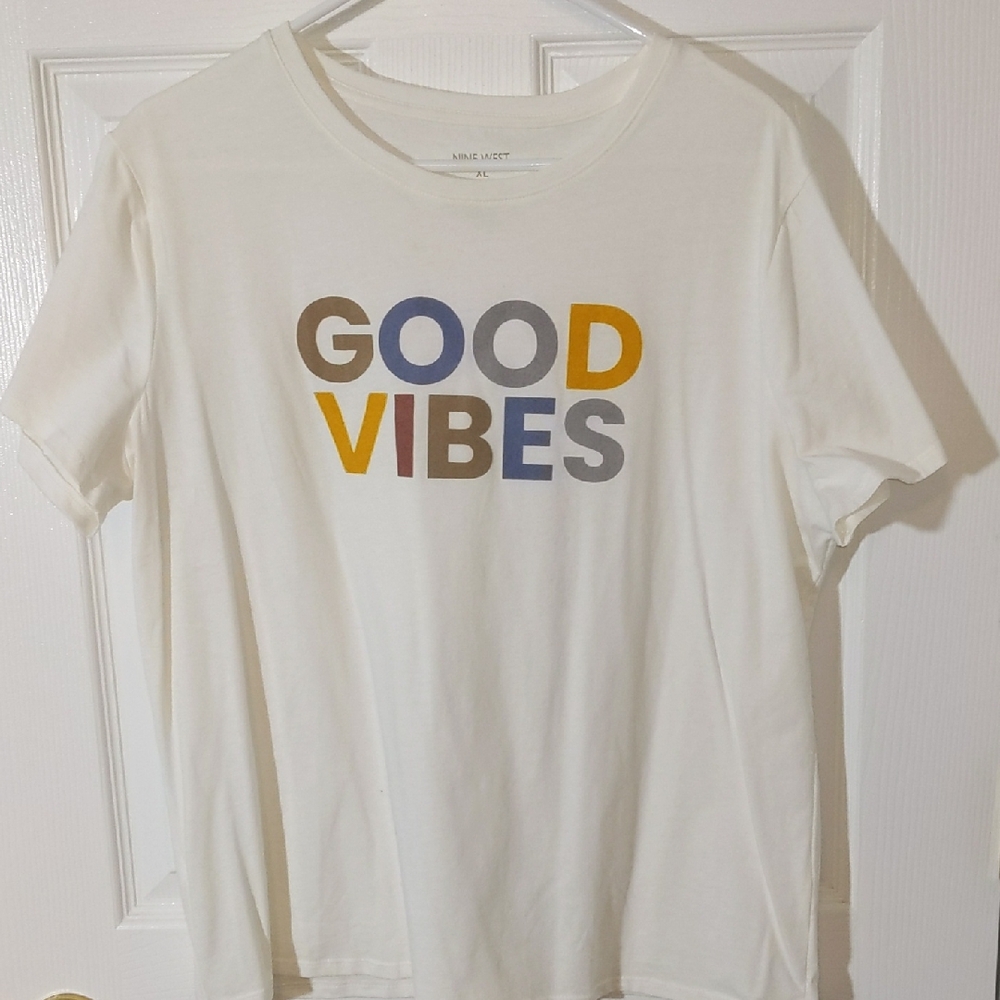 Nine West White Tee with Colorful 'Good Vibes' Design